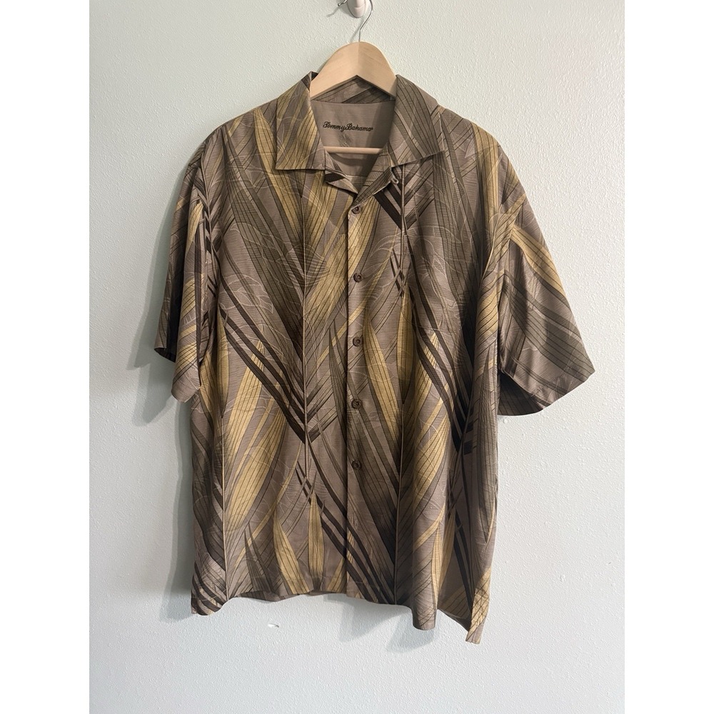 Tommy Bahama Hawaiian Shirt Mens L Green Yellow Silk Floral Camp Loop Collar